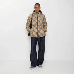 Check Nylon Hooded Puffer Jacket