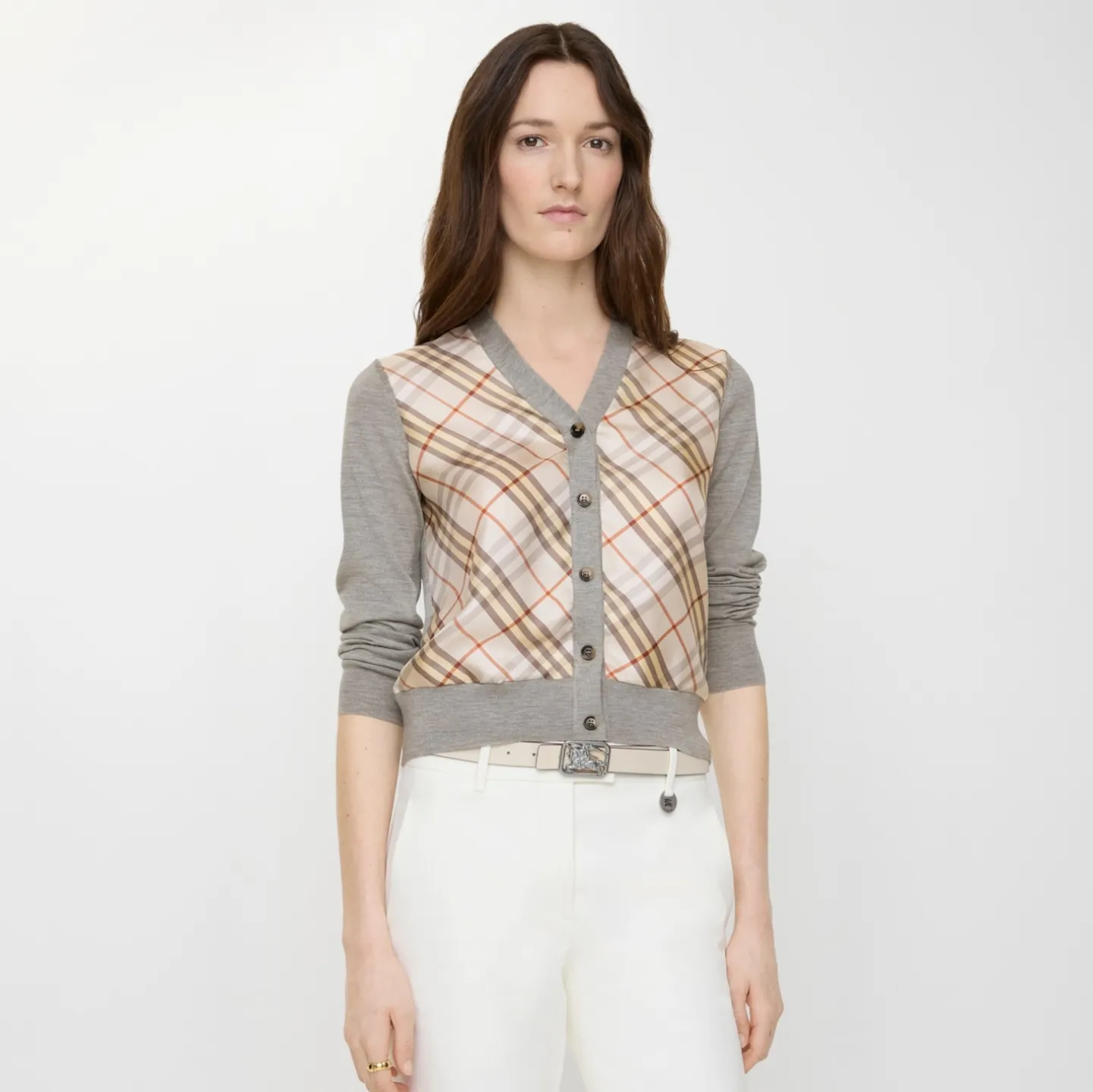 Check Panel Wool Silk Cardigan