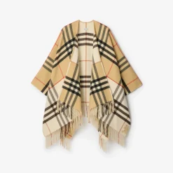 Contrast Check Cashmere Wool Cape