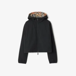 Cropped Reversible Check Hooded Jacket