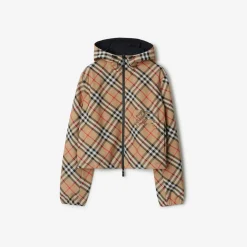 Cropped Reversible Check Hooded Jacket