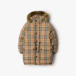 Faux Fur Trim Check Nylon Puffer Coat