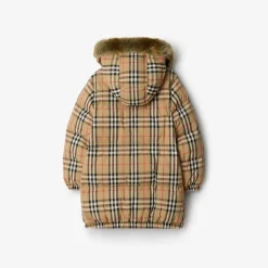 Faux Fur Trim Check Nylon Puffer Coat