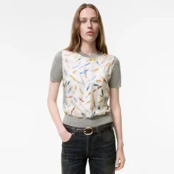 Feather Print Panel Wool Silk T-shirt