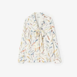 Feather Print Silk Scarf Blouse
