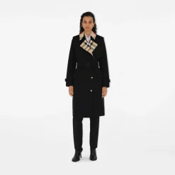 Long Check Collar Gabardine Trench Coat