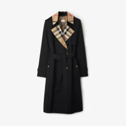 Long Check Collar Gabardine Trench Coat