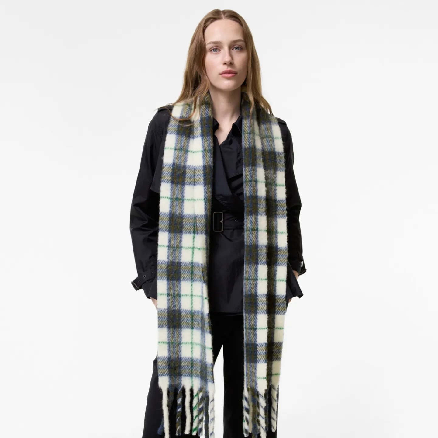 Narrow Check Alpaca Wool Blend Scarf