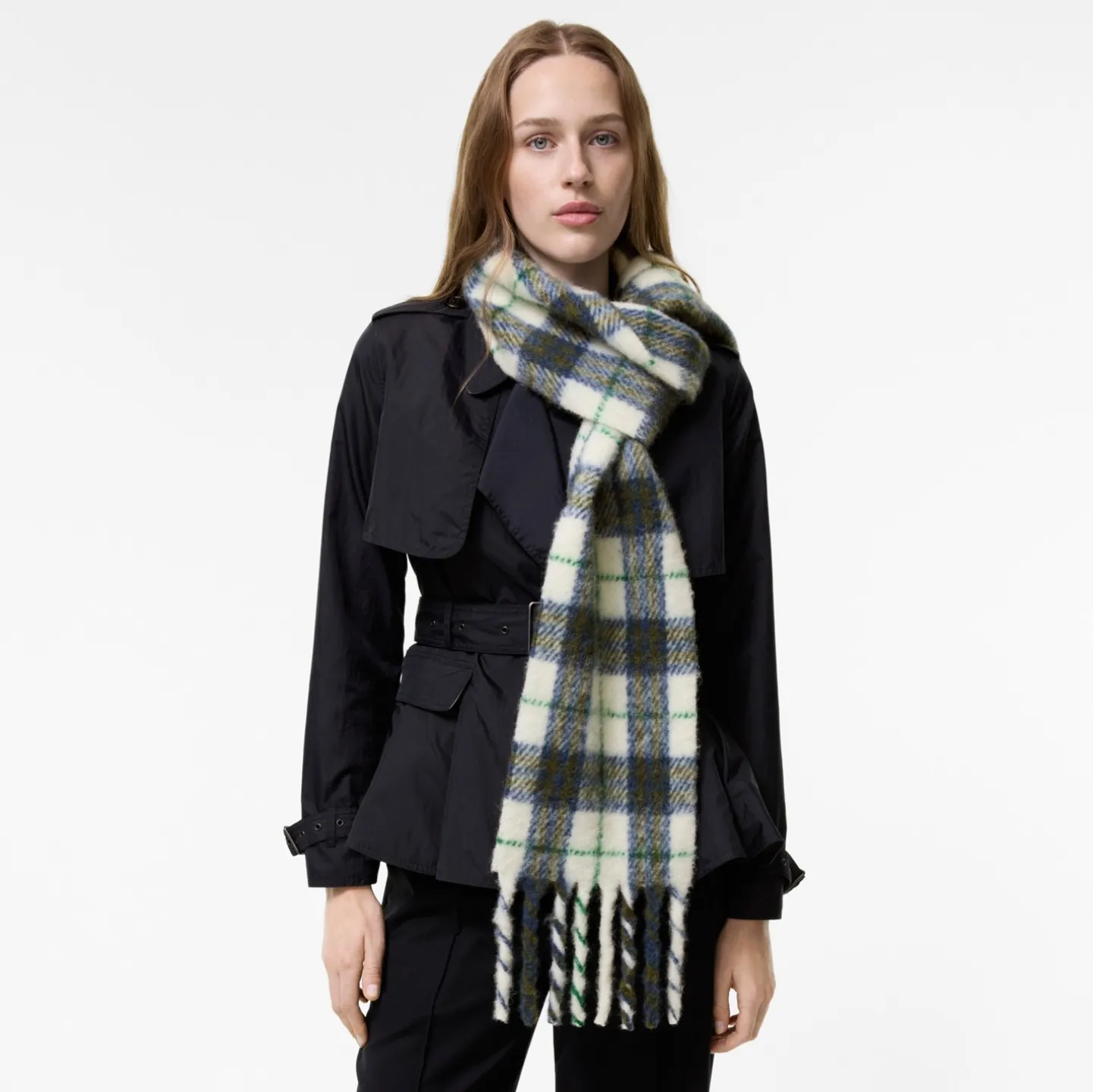 Narrow Check Alpaca Wool Blend Scarf