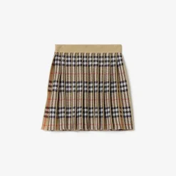 Pleated Check Wool Blend Skirt