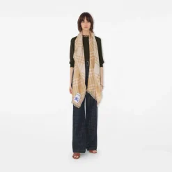Wide Check Wool Silk Scarf
