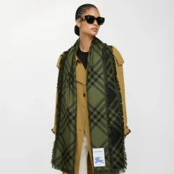 Wide Check Wool Silk Scarf