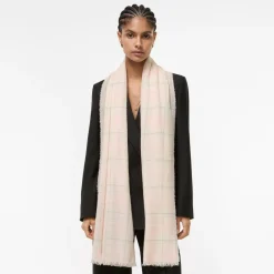 Wide Embellished Check Wool Silk Blend Scarf