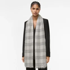 Wide Embellished Check Wool Silk Blend Scarf
