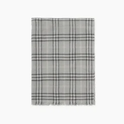 Wide Embellished Check Wool Silk Blend Scarf