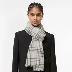 Wide Embellished Check Wool Silk Blend Scarf