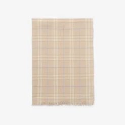 Wide Embellished Check Wool Silk Blend Scarf