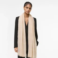 Wide Embellished Check Wool Silk Blend Scarf