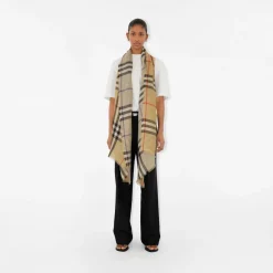 Wide Reversible Check Wool Silk Scarf
